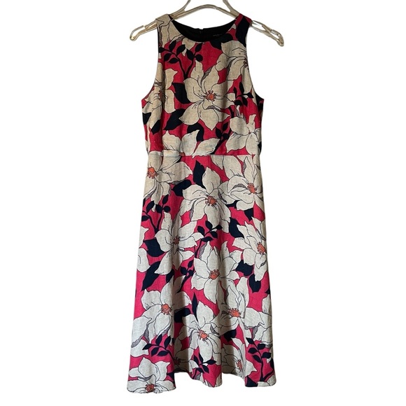 Ann Taylor Petite Pink Beige Floral Midi Dress Sleeveless Fit Flare Linen 2P - Picture 3 of 9